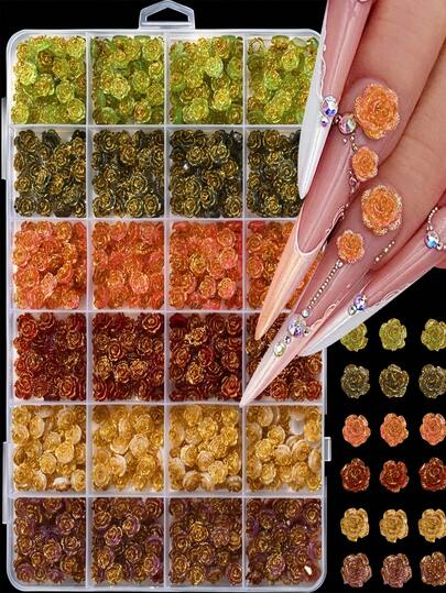 24颗闪亮玫瑰美甲贴片，3D树脂花朵美甲装饰，金粉玫瑰美甲水钻，多色（绿/棕/红/黄/紫）美甲饰品，春夏秋冬DIY美甲配件，适合派对、日常、节日美甲设计