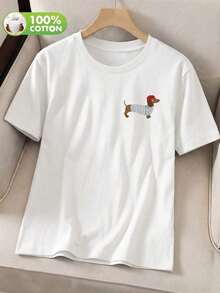 Vintage, dam-T-shirt med hjärtformad halsringning, kortärmad och tryckt, söt T-shirt i plusstorlek lämplig för vår, sommar, höst, med tax-mönster, avslappnad vit bomulls-T-shirt, dam-T-shirt. - Vitt - Visa 4