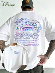 Disney Toy Story Pizza Planet Laser Gradient Pattern T-Shirt, Y2K Wind Pizza Planet Three Eyes Laser Print T-Shirt, Double-Sided Printed Design, Men's Summer Short-Sleeve Top, High-Quality 100% Cotton Short-Sleeve T-Shirt, Summer Relaxed Breathable Casual Short-Sleeve Pack, Suitable For Men And Women, Disneyland Travel Wear, Couples Wear, Casual Everyday Wear, Street Wear, Vacation Wear, Campus Wear, Toy Story Enthusiasts - trắng - Xem 1