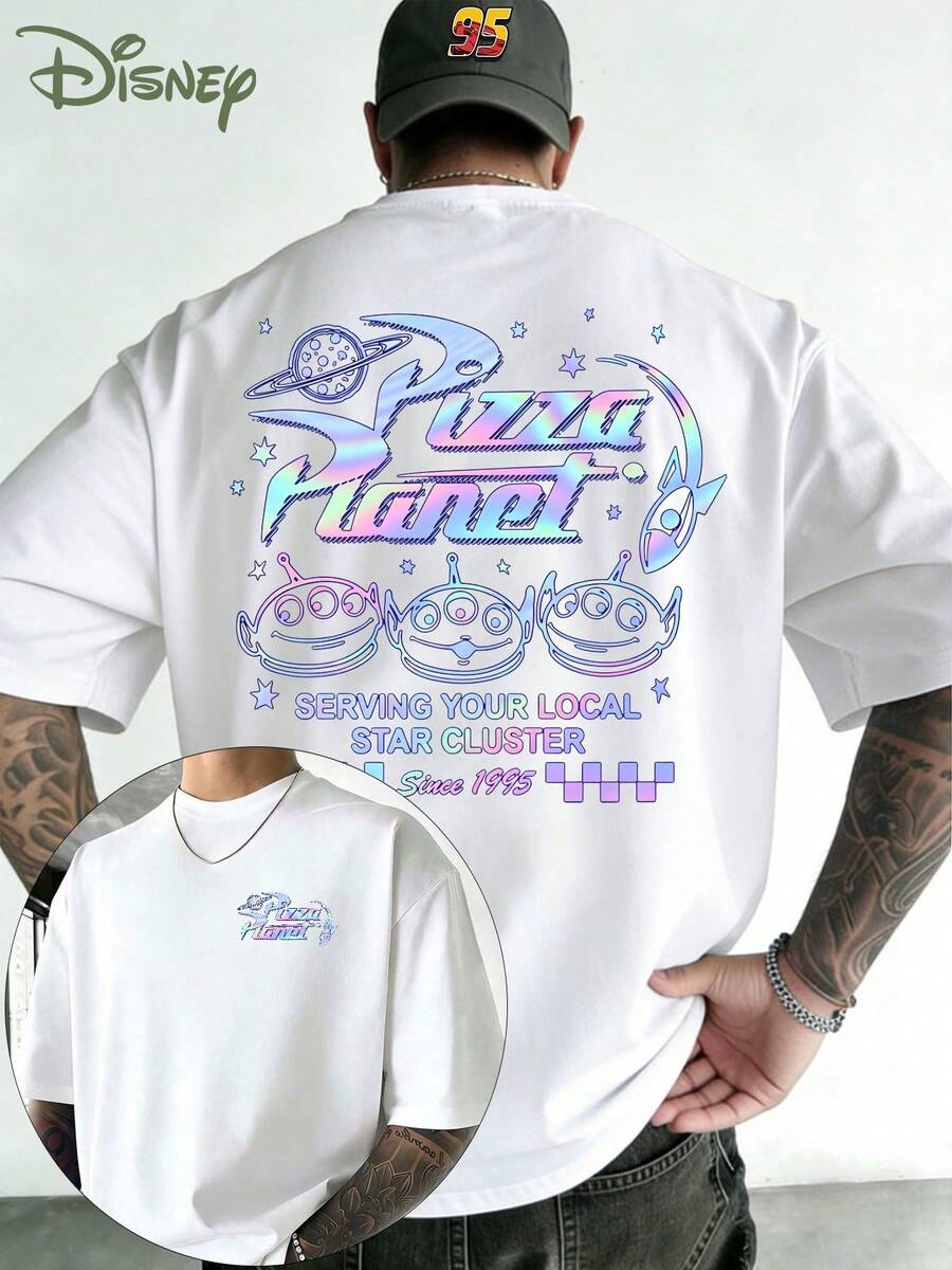 Disney Toy Story Pizza Planet Laser Gradient Pattern T-Shirt, Y2K Wind Pizza Planet Three Eyes Laser Print T-Shirt, Double-Sided Printed Design, Men's Summer Short-Sleeve Top, High-Quality 100% Cotton Short-Sleeve T-Shirt, Summer Relaxed Breathable Casual Short-Sleeve Pack, Suitable For Men And Women, Disneyland Travel Wear, Couples Wear, Casual Everyday Wear, Street Wear, Vacation Wear, Campus Wear, Toy Story Enthusiasts - trắng - Xem 1