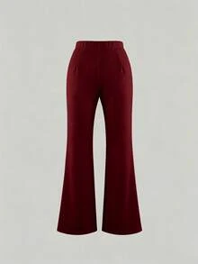 Women's High-Waisted Flare Pants, Front Seam Detail, Stretch Fabric, Suitable For Daily, Formal Occasions And Parties - Burgundy - View 4