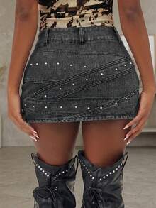 Black Denim A-Line Mini Skirt, Casual Elegant Style With Rhinestone Decor, Non-Stretch Fabric Summer - Grey - View 5