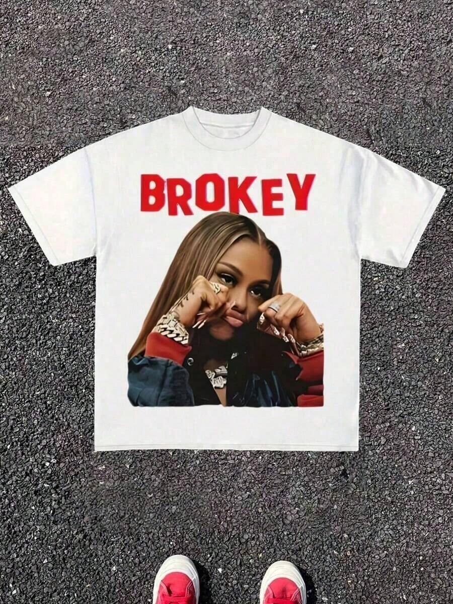 1 Brokey Graphic Print T-Shirt - 100% Cotton, Super Soft And Breathable, Crew Neck, Casual Summer Style For Women And Girls, Perfect For Birthdays, Holidays, Or Everyday Wear. 180g 100% Cotton - 白色 - 查看 1