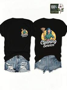 VivaGlam-Woman Broom Cleaning Service Women'S Casual Short Sleeve T-Shirt, Pure, Round Neck, Graphic Print Tees, Daily Wear, The Best Gift, Fashionable For Summer Beach, Vacation - 黑色 - 查看 1