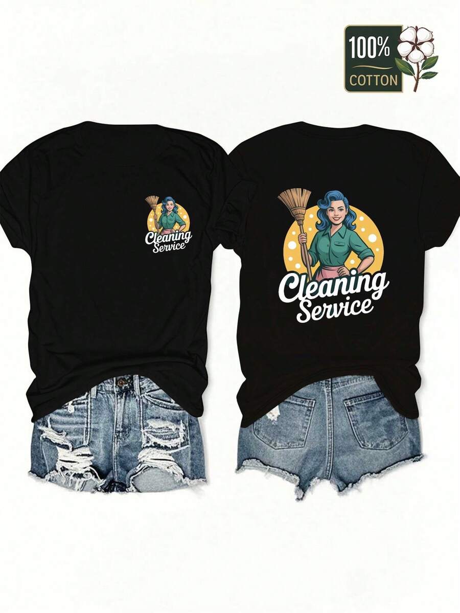 VivaGlam-Woman Broom Cleaning Service Women'S Casual Short Sleeve T-Shirt, Pure, Round Neck, Graphic Print Tees, Daily Wear, The Best Gift, Fashionable For Summer Beach, Vacation - 黑色 - 查看 1