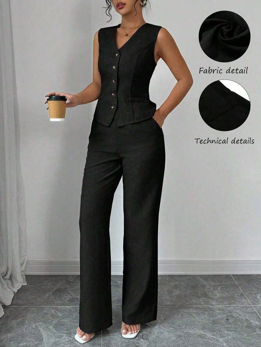 Conjunto de mujer de chaleco sin mangas con cuello en V y pantalones rectos de pierna derecha, de unicolor, elegante y de moda para uso casual y de oficina - Negro - Ver 1