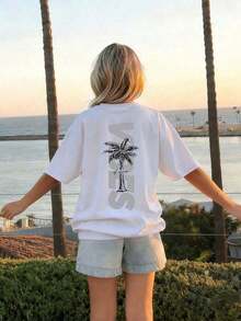 Casual Short-Sleeve T-Shirt With Coconut Tree Print And Crew Neck, Suitable For Girls And Boys In Summer - Colorful Design To Bring Joy To Every Child! Children's Clothing, Graphic T-Shirt For Girls, Summer Top, Teen Clothing, Summer Clothes - 白色 - 查看 1