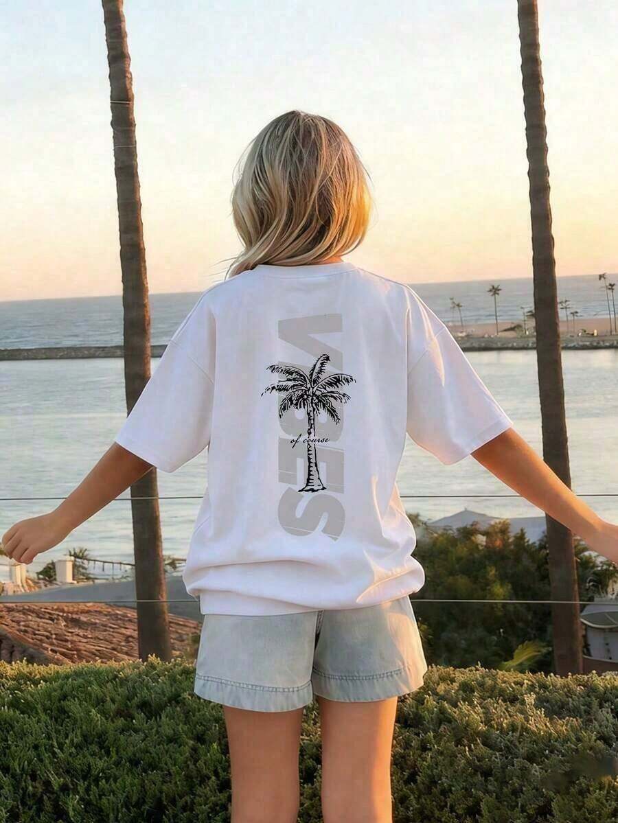 Casual Short-Sleeve T-Shirt With Coconut Tree Print And Crew Neck, Suitable For Girls And Boys In Summer - Colorful Design To Bring Joy To Every Child! Children's Clothing, Graphic T-Shirt For Girls, Summer Top, Teen Clothing, Summer Clothes - 白色 - 查看 1