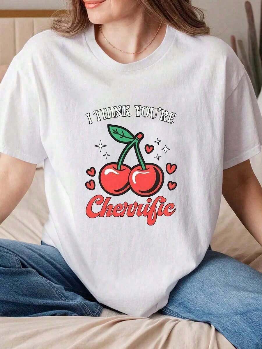 Designed For Modern, Stylish, And Comfortable Women. Summer Outfits For Women. Unisex "I Think You're Cherrific" Cherry Print T-Shirt. Crew Neck T-Shirt For Valentine's Day, Birthday Parties, And Casual Wear. Machine Washable, Ideal For Everyday Wear, Parties, And Leisure. 220g. Made With Premium Soft And Breathable Fabric, Designed For All-Day Comfort And Versatile Everyday Wear, Perfect For Casual Outings. - 白色 - 查看 1