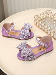Shiny Rhinestone Pearl Bow Girls' Princess Sandals, Soft Bottom Round Toe PU Flat Sandals, Suitable For Spring, Summer, Autumn Holidays And Daily Wear - Purple - View 3