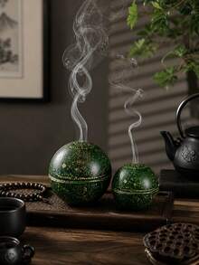 一套深绿色球形香薰扩散器，北欧禅意香炉，点状圆球香薰扩散器，现代冥想装饰，优雅家居香氛装饰，桌面茶室装饰，舒缓烟雾装饰礼品，男女皆宜 - 墨綠圓球香爐 - 查看 3