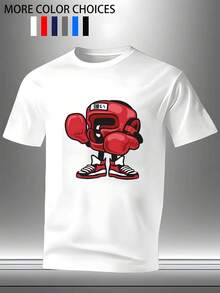 Casual And Modern Urban-Style T-Shirt With Pastel Patterns, Gloves, Helmet, Cartoon Characters, And Japanese And Chinese Characters. Fashionable Casual Sportswear Set For Adult . - 白色的 - 查看 1