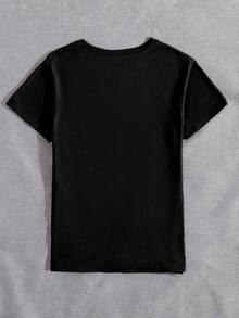 Custom T-Shirt With Vintage Patchwork Style Dog Graphic Print, Minimalist Short Sleeve Round Neck Top For Women, Suitable For Daily Use - Urban Vintage Style Short Sleeve Round Neck Cotton T-Shirt. - 黑色 - 查看 2