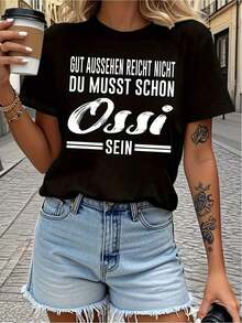 Blusas>Bonito Camiseta con estampado de texto en alemán en blanco y negro para mujer - Conjuntos informales para el día a día y para fiestas - Top de primavera y verano lavable a máquina - Ropa urbana esencial para estudiantes de frases en alemán, moda de verano, estilo atrevido 100% Cotton Blusas Para Mujer Casual - Negro - Ver 1