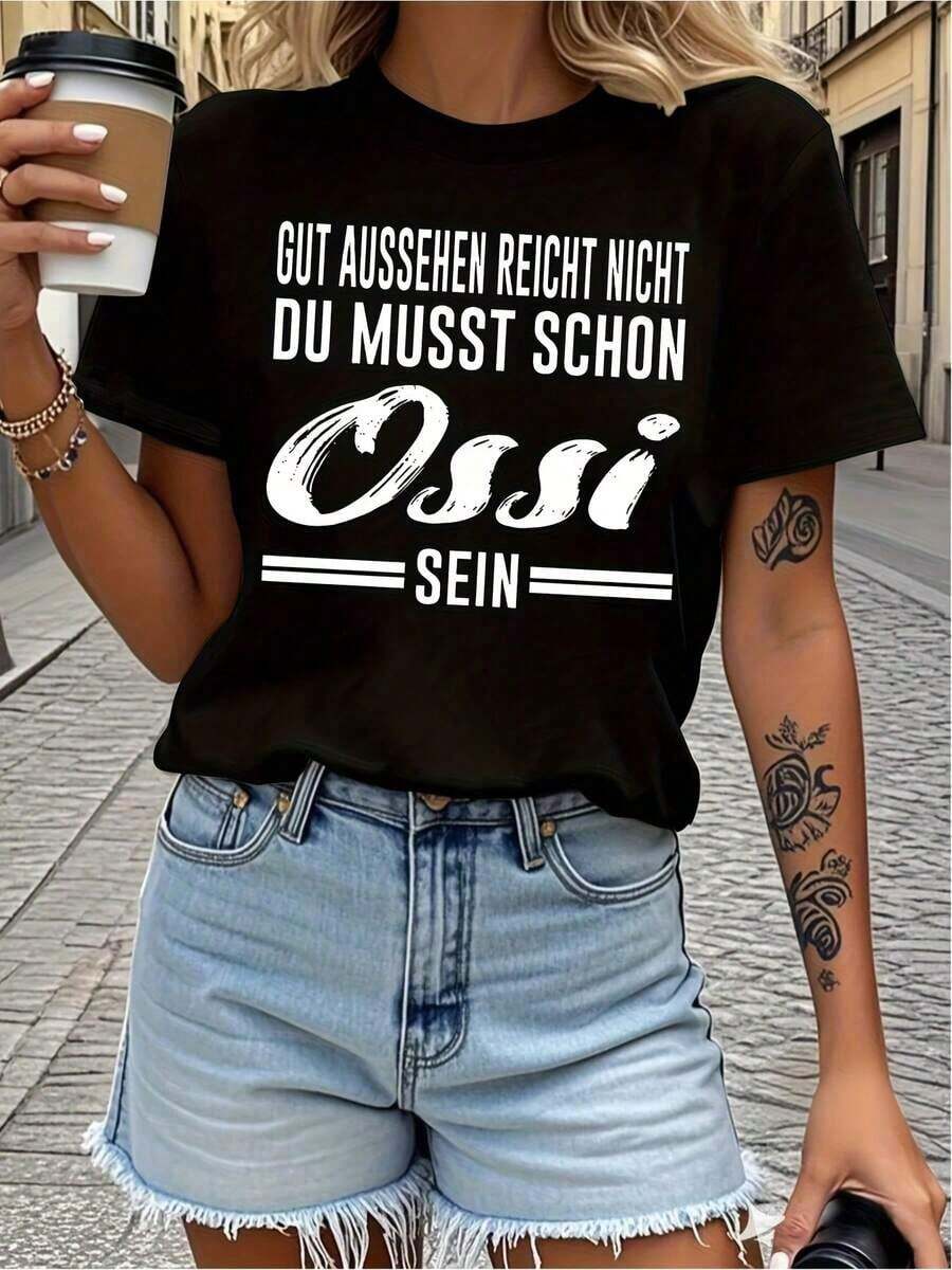 Blusas>Bonito Camiseta con estampado de texto en alemán en blanco y negro para mujer - Conjuntos informales para el día a día y para fiestas - Top de primavera y verano lavable a máquina - Ropa urbana esencial para estudiantes de frases en alemán, moda de verano, estilo atrevido 100% Cotton Blusas Para Mujer Casual - Negro - Ver 1