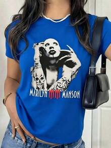 Gothic Grunge T-Shirt With Marilyn Manson Merchandise, Black Short-Sleeved T-Shirt With Vintage Rock Aesthetic And E-Girl T-Shirt - 藍色的 - 查看 6