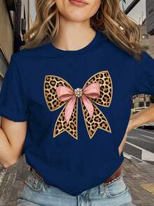 Camiseta de Mujer de Alta Calidad al por Mayor, Cómoda y Elegante, con Diseño de Lazo y Estampado de Leopardo, Estampado Único, Ideal para Conjuntos de Mejores Amigas, Estilo Holgado, Casual, Versátil, Cómoda y Amigable con la Piel, Cuello Redondo, Novedad 2026 - 100% Algodón Transpirable - Blanco - Ver 10