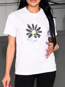 Camiseta casual de mujer a la moda, nueva, con letras florales. Camiseta casual holgada para mujer con estampado floral de girasoles. Camisetas de mujer - Estilo vintage urbano, unisex, de algodón, manga corta, cuello redondo. Camisetas de mujer. - Blanco - Ver 7