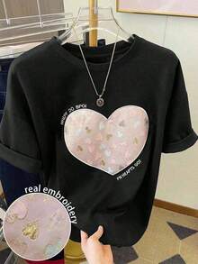 Women's Casual Round Neck T-Shirt, Sparkly Heart Print With Sequin Effect, Versatile And Modern Blouse, Slightly Stretchy Fabric, Ideal For Everyday Wear. - 黑色 - 查看 7