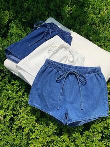 Set de 3 piezas de shorts casuales sueltos con cintura anudada para mujer - Multicolor 3 - Ver 4