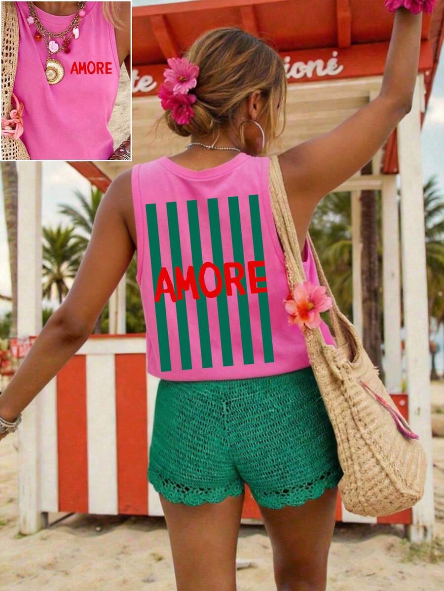 Áo tank top không tay kẻ sọc xanh lá cây AMORE, trang phục mùa hè cho nữ, đồ đi nghỉ mát và đi biển thường ngày. - Màu xám đen - Xem 1