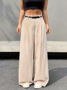 Pantalones anchos casuales y para ir al trabajo de mujer con cintura alta plisada y cinturón en beige - Beis - Ver 5