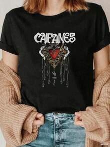 1 pieza de blusa para mujer, hermosas blusas para mujer, conjuntos de ropa para mujer, camiseta Caifanes 180G en blanco y negro con estampado de corazón y calavera, de alta calidad, cuello redondo, corte holgado básico, transpirable, versátil, lavable a máquina, cómoda, talla S ~ 3XL, esencial para uso diario, casual y deportivo en verano. - Negro - Ver 2