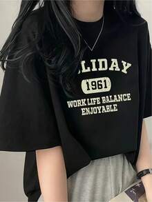 Comfortable Casual T-Shirt, Urban Style, Modern Design, Work-Life Balance, 1961 Graphic Statement, Versatile For Everyday Wear And Various Occasions, Unisex, One Size Fits All, Black, Fashionable - 黑色 - 查看 1