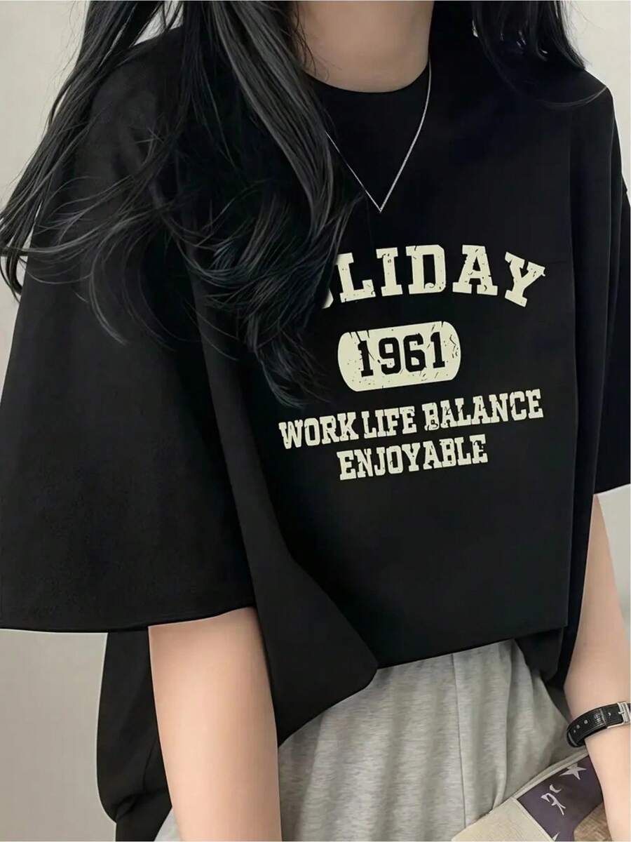 Comfortable Casual T-Shirt, Urban Style, Modern Design, Work-Life Balance, 1961 Graphic Statement, Versatile For Everyday Wear And Various Occasions, Unisex, One Size Fits All, Black, Fashionable - 黑色 - 查看 1