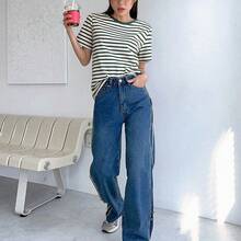 Camiseta de mujer de manga corta, cuello redondo y rayas, de estilo casual para el verano - Azul - Ver 9