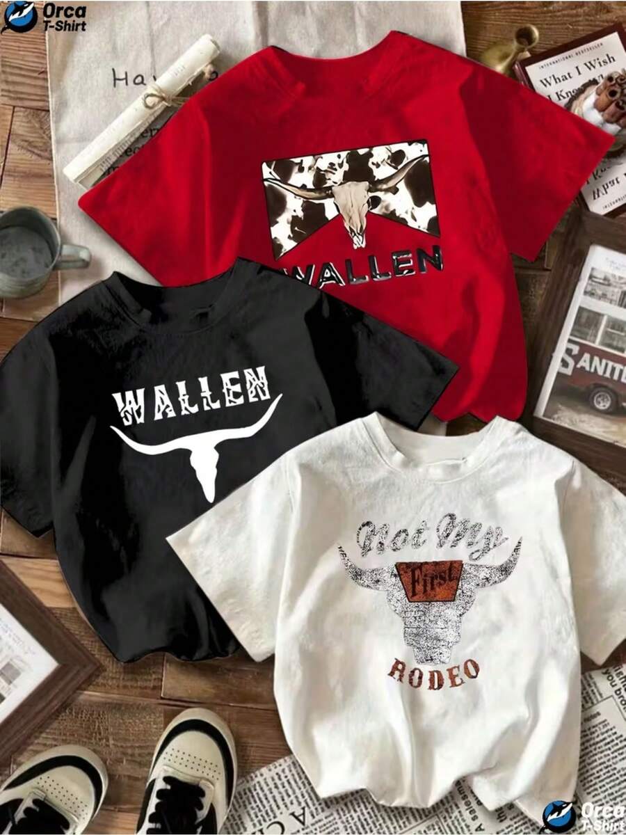 Women's T-Shirt, Retro American Women's T-Shirt, Western Cowboy Style With Bull Head Print And Wallen Lettering, Round Neck, Short Sleeve, Loose And Versatile Pure Cotton Top For Summer, Multiple Styles, Machine Washable. - 黑色 - 查看 1