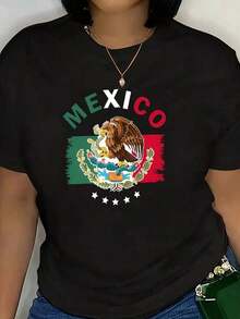 Women's Short Sleeve T-Shirt With Mexican Flag Print, Casual Summer Sports Top, Comfortable Knit Fabric, Polyester, Round Neck, Elastic, Patriotic Design, Fashionable T-Shirt For Ladies - Ideal For Summer, Vintage Graphic Oversized Cotton T-Shirt - 黑色 - 查看 2