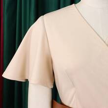 Women's A-Line Casual Dress, New Summer Collection European-American Style, V-Neck And Puff Sleeves - 卡其色+腰帶 - 查看 4