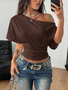 Camiseta esencial de uso diario con cuello asimétrico y cintura ceñida, apta para todo el año, para conciertos y raves con estilo Y2K para mujeres - Multicolor 4 - Ver 5
