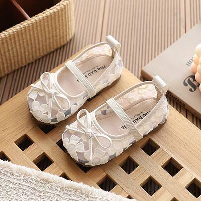 Toddler Girls' Lace Mesh Mary Jane Flat Shoes, Breathable Bow Soft Bottom Princess Shoes
