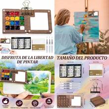 LISAPRO Kit Acuarela Portatil, 24 Colores Mini Set de Acuarelas para Viaje, Paleta de Acuarelas de Bolsillo, 15 Grids Kit de acuarelas, con Bolígrafo y Cuaderno de Bocetos con Clip - Llamativo - Ver 1