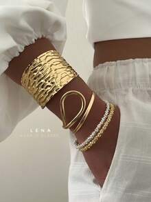 3pcs Vintage Elegant Casual Women Metal Foil Wrinkle Shiny Asymmetrical Geometric Line Metal Bracelet, Suitable For Women's Daily Casual, Party, And Holiday Wear - Gold - View 2