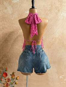 Blusa de mujer con encaje bordado, escote halter, espalda descubierta, tirantes con lazo, bajo fluido y elegante, adecuada para la playa, cruceros y resorts - Rosa Fucsia - Ver 2