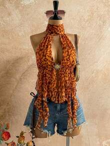 Blusa de mujer con encaje bordado, escote halter, espalda descubierta, tirantes con lazo, bajo fluido y elegante, adecuada para la playa, cruceros y resorts - Naranja - Ver 11