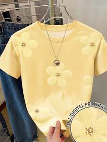 Camiseta casual de mujer con estampado todo sobre, linda y elegante para vacaciones, fiestas en la playa, estampado floral Y2K, moda callejera, vuelta al colegio, ocio festivo - Multicolor 11 - Ver 5