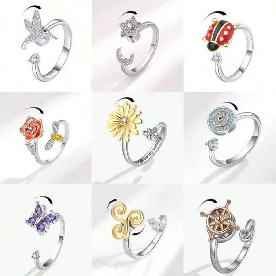 1 chiếc nhẫn xoay hình bướm sang trọng mạ vàng và bạc đính đá Zirconia, có thể điều chỉnh kích thước, dành cho nữ, giúp giảm lo âu, làm trang sức cưới, giảm căng thẳng, đeo hàng ngày. - Nhiều màu - Xem 1
