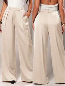 Pantalones anchos de pierna ancha de color café oscuro de moda minimalista para mujeres, pantalones de tela marrón de pierna ancha para el trabajo, pantalones de tiro alto de pierna ancha marrón para mujeres, pantalones de traje marrón para otoño/invierno - Albaricoque 2 - Ver 8