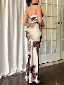 Sexy Print Crop Top With Halter Neck And Open Back, Two-Piece Set With High-Waisted Fitted Maxi Skirt - 焦糖色 - 查看 4
