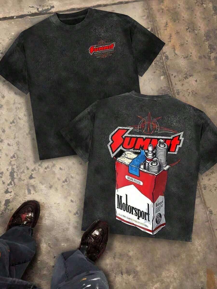 Racing Shirts Men, Summit Motorsport Plug Graphic, 230g Washed Cotton Crew Neck Short Sleeve-Shirt, Retro Car Culture, Streetwear, Big And Tall, Summer, VSLH - màu đen - Xem 1