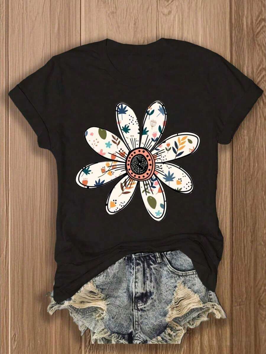 1 Piece, Three Pack Women's Short Sleeve Crew Neck T-Shirts, Vintage Casual Sporty Style, With Heart And Flower Print, 180g, 100% Cotton, Designs Are Printed. Unisex. - 黑色 - 查看 1
