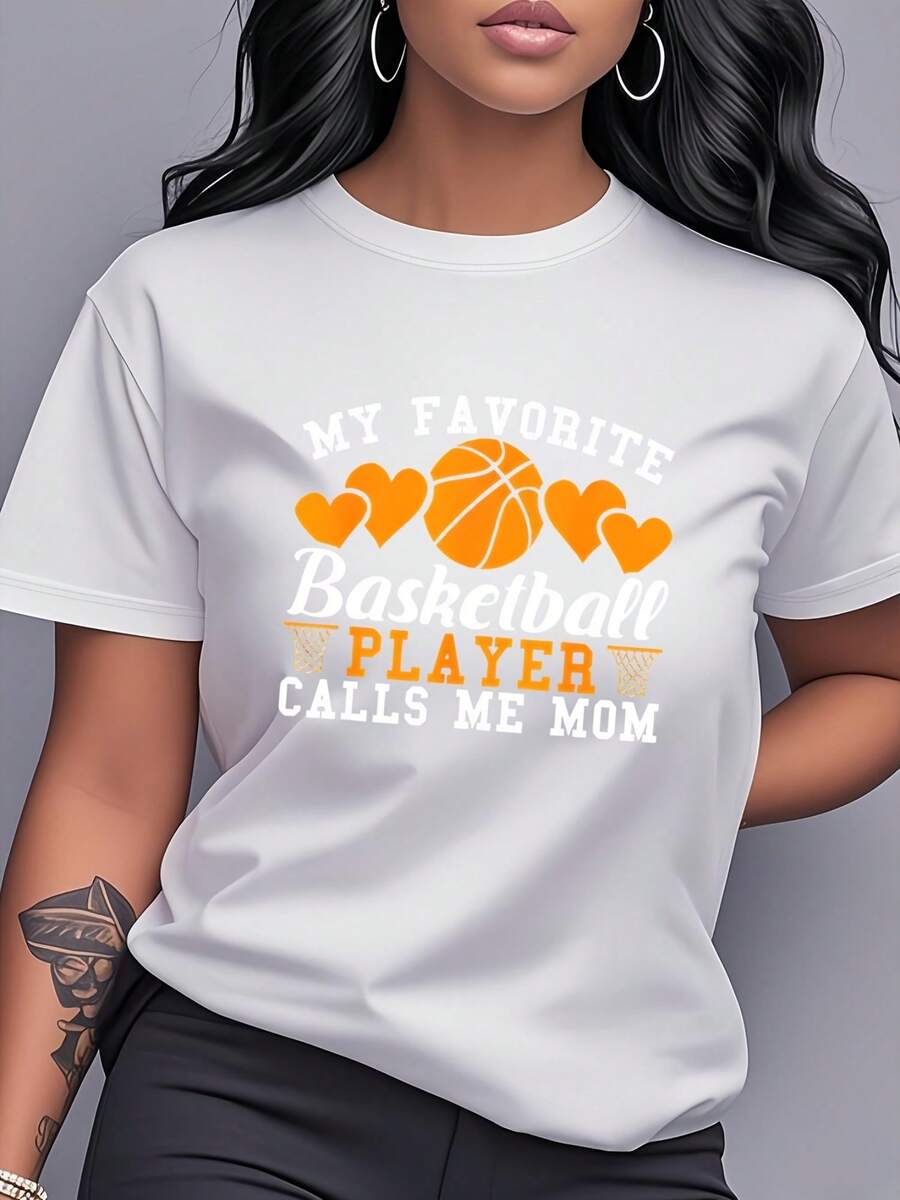 Printed T-Shirt With The Phrase "My Favorite Basketball Player Calls Me Mom", Short Sleeve, Round Neck, Women's Clothing, Modern And Versatile, Casual And Comfortable, Suitable For Daily Wear, Sports And Leisure, Ideal For Strengthening The Bond Between Mother And Child, Mother-Daughter Sets, Best Friend Sets, Birthday Gift, Holiday Gift. - 白色 - 查看 1
