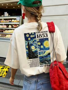 Camisetas manga corta mujer Camiseta casual para mujer, tributo a la obra maestra de Van Gogh "La noche estrellada" y patrón numérico de 1853, cómoda y versátil para primavera/verano, con cuello redondo y manga corta, estampada de manera elegante - Blanco - Ver 2