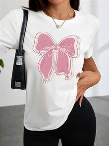 Fashionable Women's T-Shirt With White Bow Print Front Text "One Thing That Only Exists In Me" Comfortable Casual Wear For Everyday Outings And Cashier Style - 白色 - 查看 1