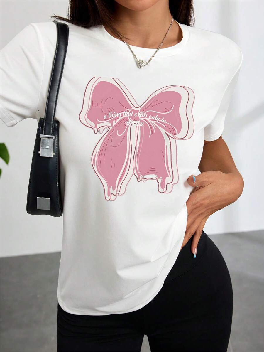 Fashionable Women's T-Shirt With White Bow Print Front Text "One Thing That Only Exists In Me" Comfortable Casual Wear For Everyday Outings And Cashier Style - 白色 - 查看 1
