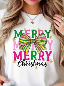 Camiseta de impresión de arco de Navidad feliz blanco - cuello de la tulación de manga corta ustado relado con arco rosa y letras "feliz" verde/amarillo - tre de fiesta de vacaciones casual, regalo de Navidad (acento de copo de nieve dorado, uso de toda la tempor) - Blanco - Ver 2